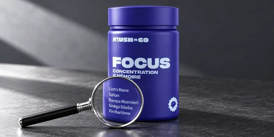 Mush N Go Focus tégely, nagyító az összetevőlistán, sötétszürke háttér előtt