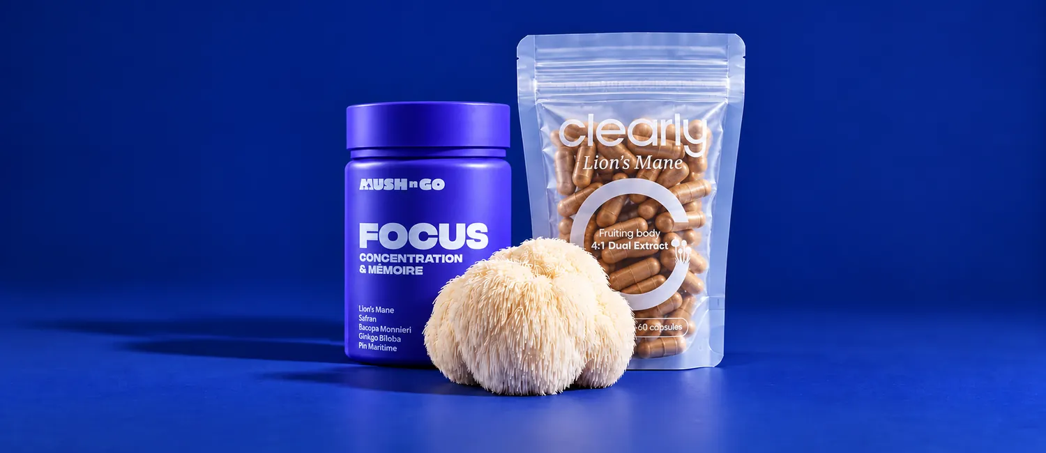 Mush N Go Focus tégely és Clearly Lion's Mane tasak egymás mellett, előttük friss süngomba éjkék háttér előtt