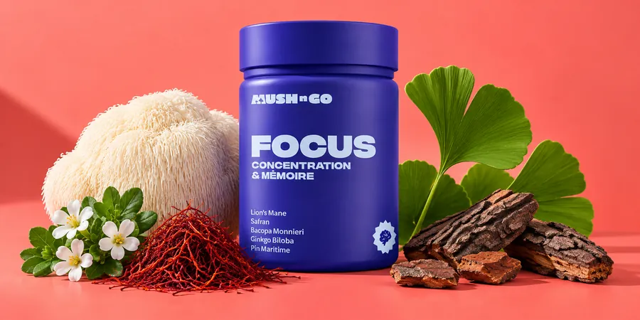 Mush N Go Focus tégely korallszínű háttér előtt süngombával, ginkgólevelekkel, fehér virágokkal, sáfránnyal és fenyőkéreggel